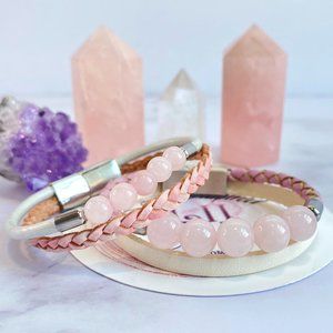 Natural Rose Quartz Beaded Bolo Braided Leather Mother and Daughter Bracelet